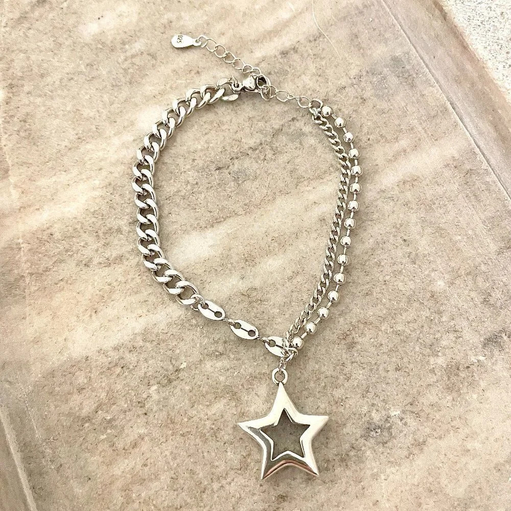 925 Sterling Silver Chunky Star Bracelet Link Bracelet Modern Statement Bracelet